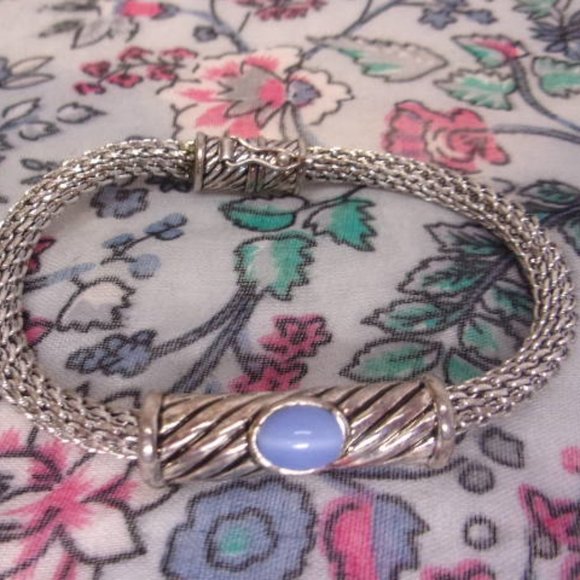 Blue Cabochon Silver Mesh Chain Bracelet 7.5" L - Picture 2 of 7